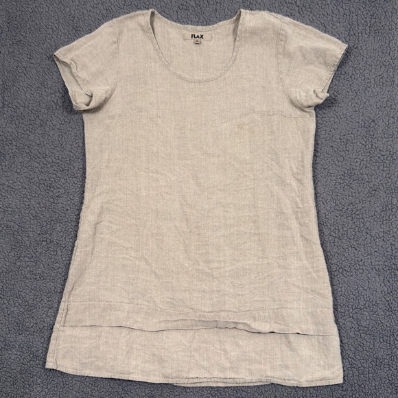Flax Tops - FLAX 100% Linen Short Sleeve Tunic Top Oatmeal Beige Tiered Hem Womens Medium